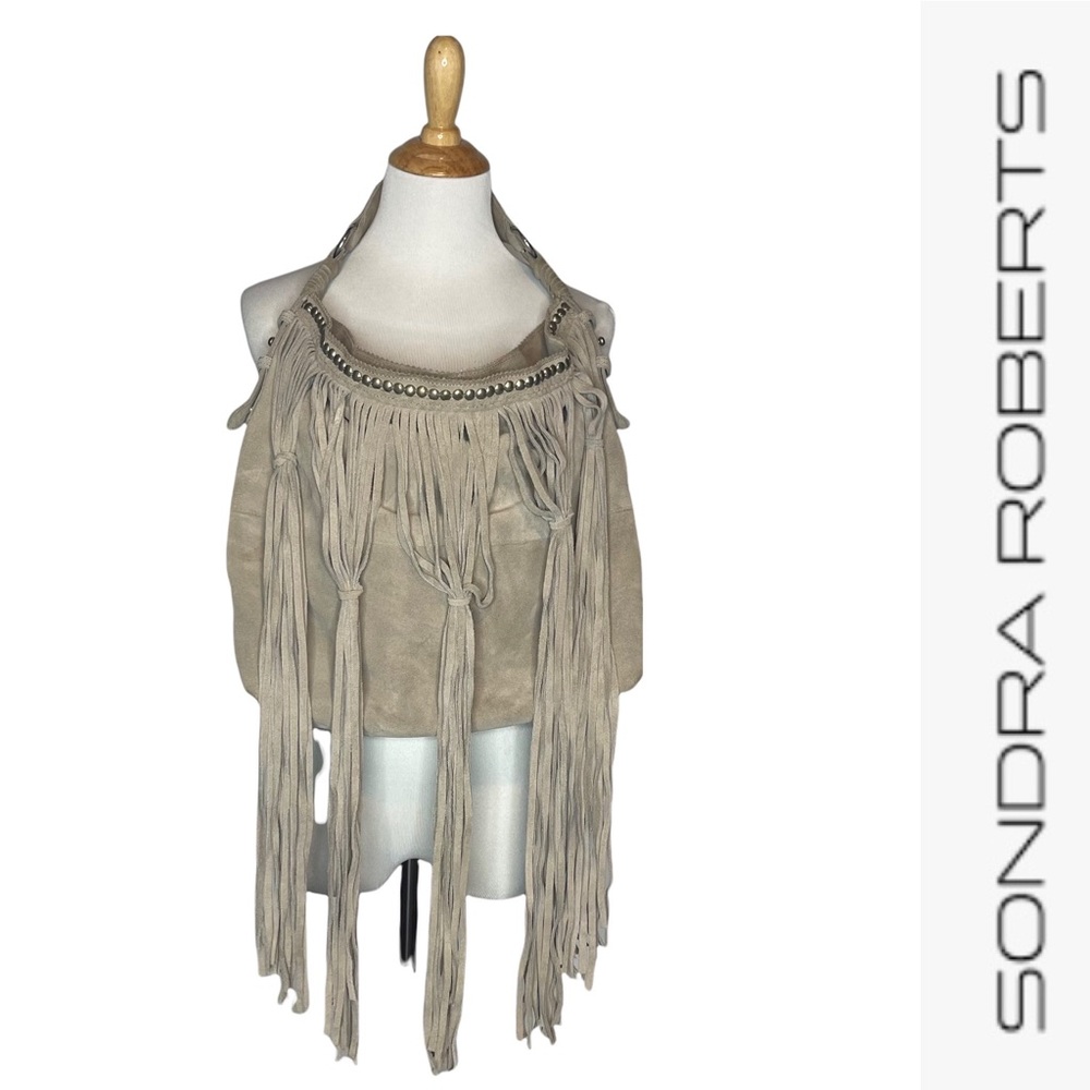 Last Chance….Sondra Roberta Gray Suede Leather Large Fringe Studded Hobo Bag - Picture 4 of 16